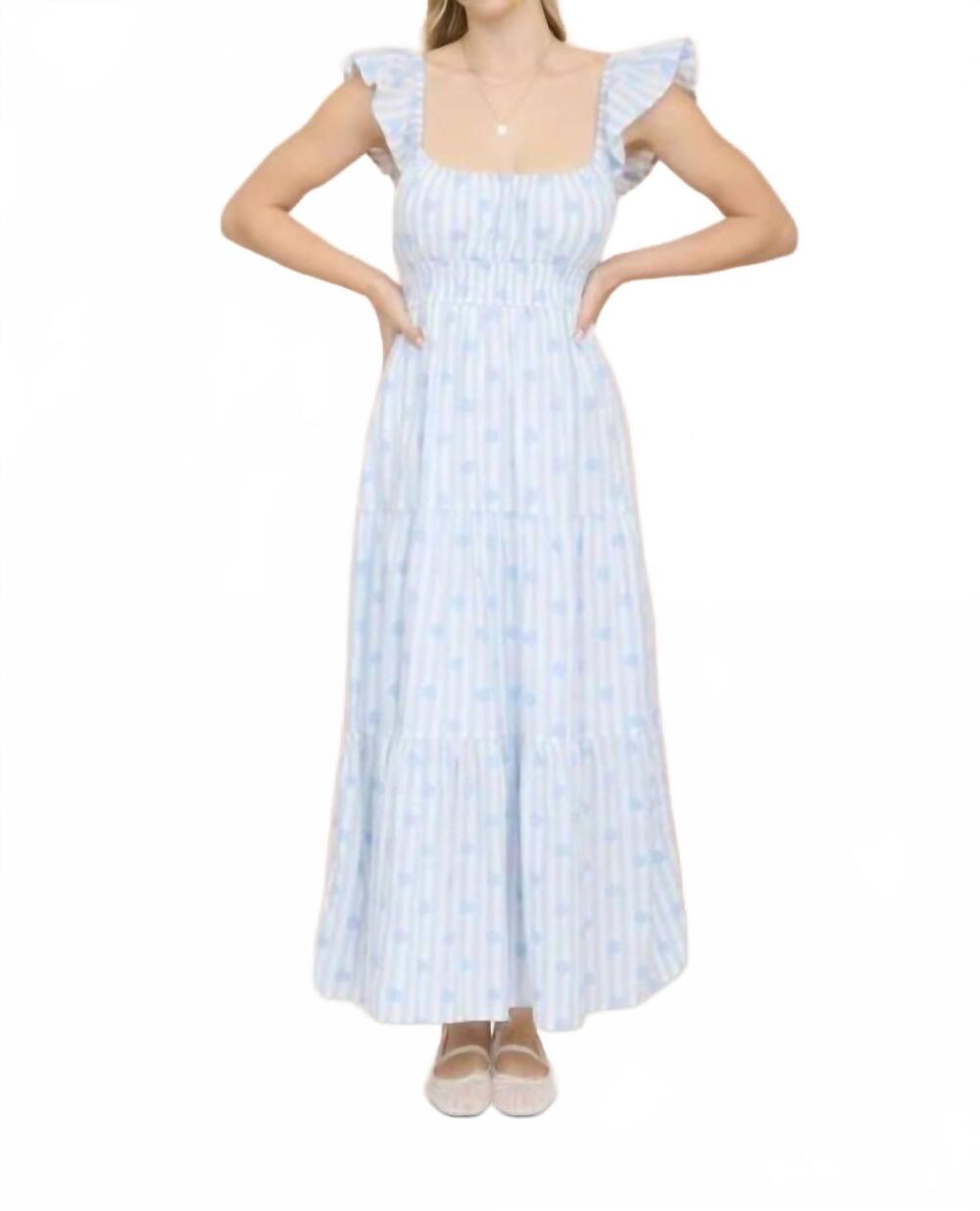 NEW MINE AND E&M stripe floral flounce strap tiered midi dress in blue